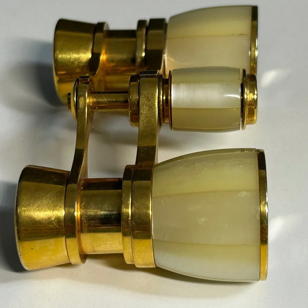 Vintage Jason 3x France Opera Glasses Mother of Pearl Style Gold Tone Binoculars